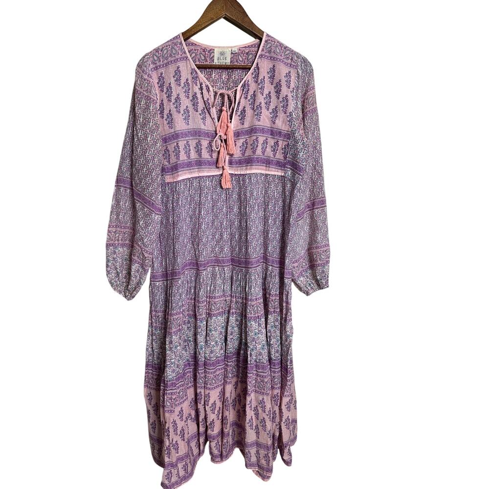 Blue Boheme Kayla Printed Long Dress Block Print Tassels Lilac size M/L